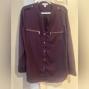 Calvin Klein Plum Button Down Blouse with Gold Accents